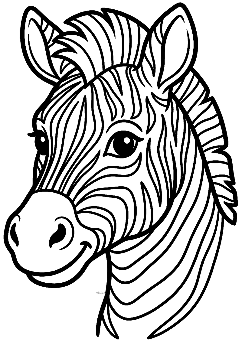 Kleurplaat van een grote lachende zebrakop van dichtbij met golvende strepen, puntige oren en rechtopstaande manen