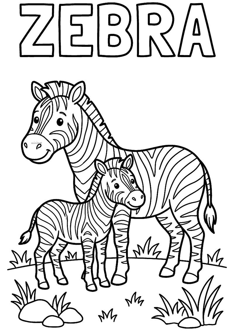 Kleurplaat van een zebramoeder met haar gestreepte veulen dat dicht tegen haar aan staat op het gras, met ZEBRA erboven