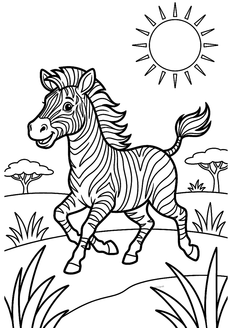 Kleurplaat van een vrolijke zebra die in galop over de savanne rent, met acaciabomen en een felle zon