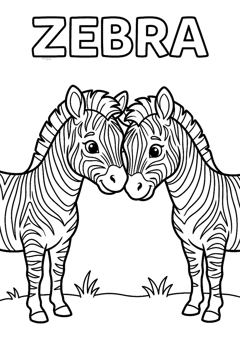Kleurplaat van twee gestreepte zebra's die hun koppen lief tegen elkaar aan houden in het gras, met ZEBRA erboven