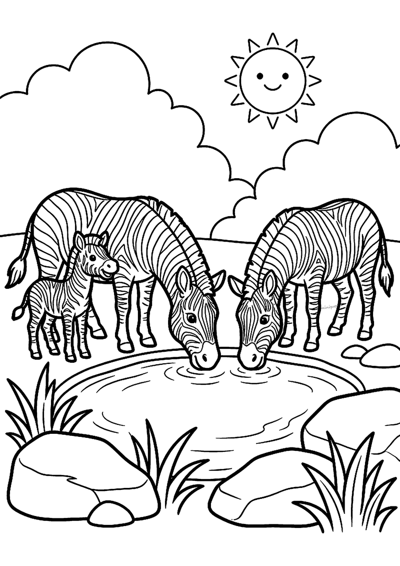 Kleurplaat van twee zebra's die drinken uit een waterpoel met een zebraveulen ernaast, rotsen en een lachende zon