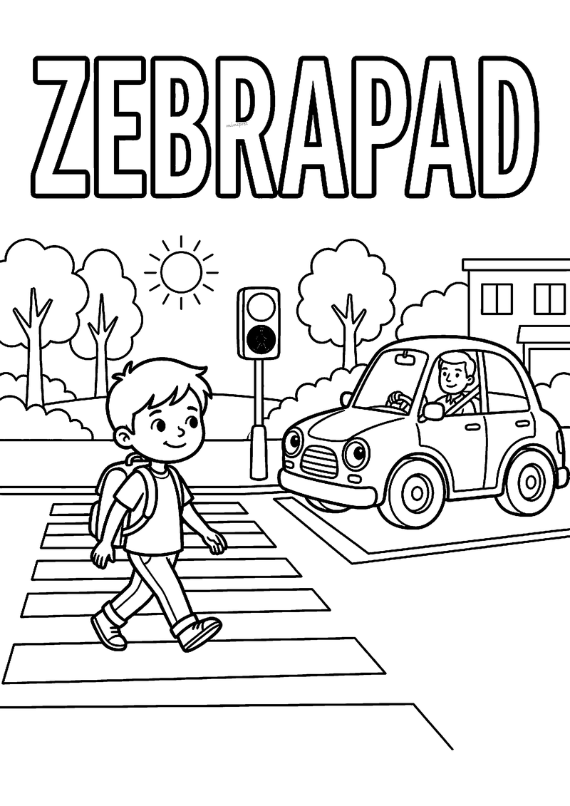 Kleurplaat van een jongen met rugzak die over het zebrapad loopt terwijl een auto wacht bij het voetgangerslicht