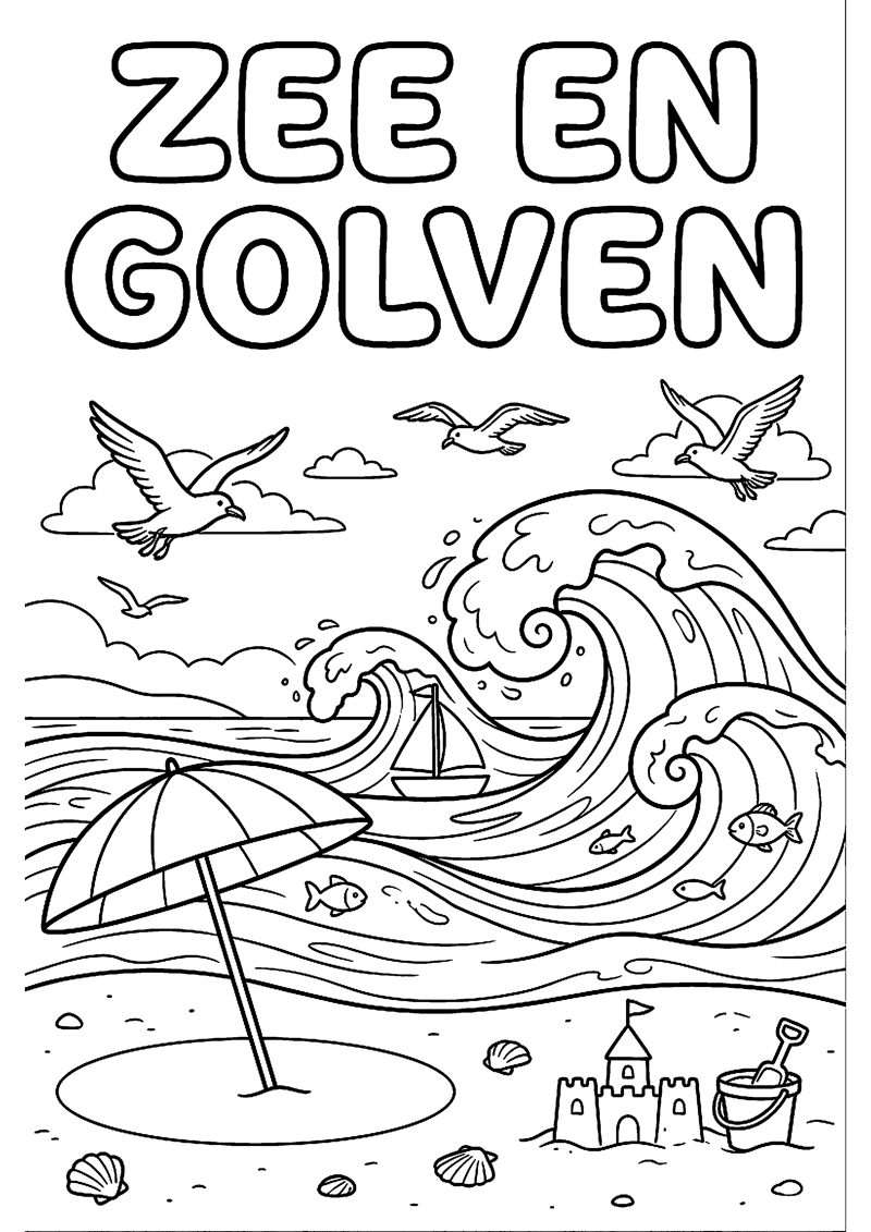 Zee Golven Meeuw en Strand met Tekst Zee en Golven Strand Kleurplaat — gratis kleurplaat printen