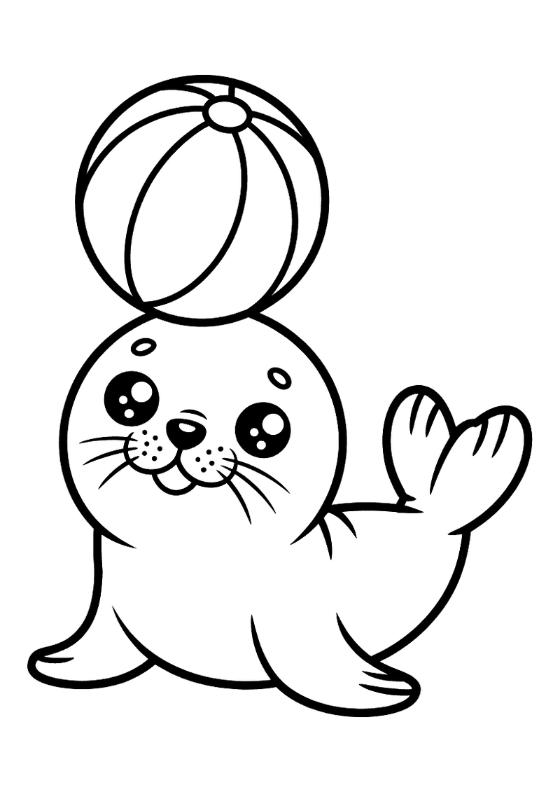 Kleurplaat van een kawaii babyzeehond met flippers die een strandbal op zijn hoofd balanceert.