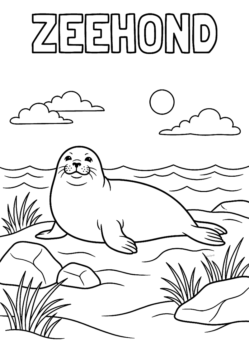 Kleurplaat van een tevreden zeehond die op een zandbank ligt bij de golven, met stenen, helmgras, wolken en een zon