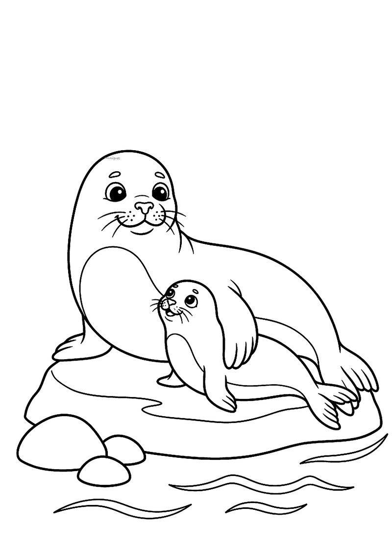 Kleurplaat van een zeehondmoeder met een kleine pup die tegen haar aan ligt op een rots in het water