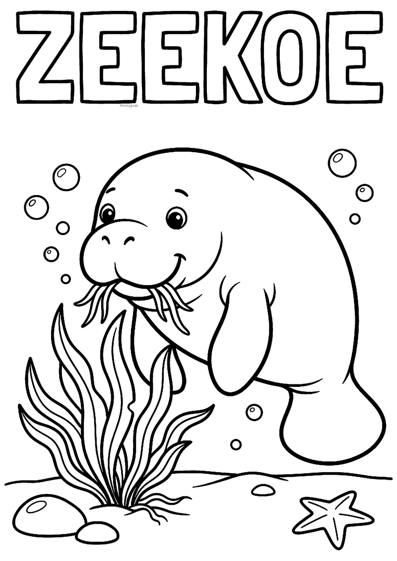 Kleurplaat van een lachende zeekoe die onder water zeegras eet tussen luchtbellen en een zeester, met ZEEKOE erboven
