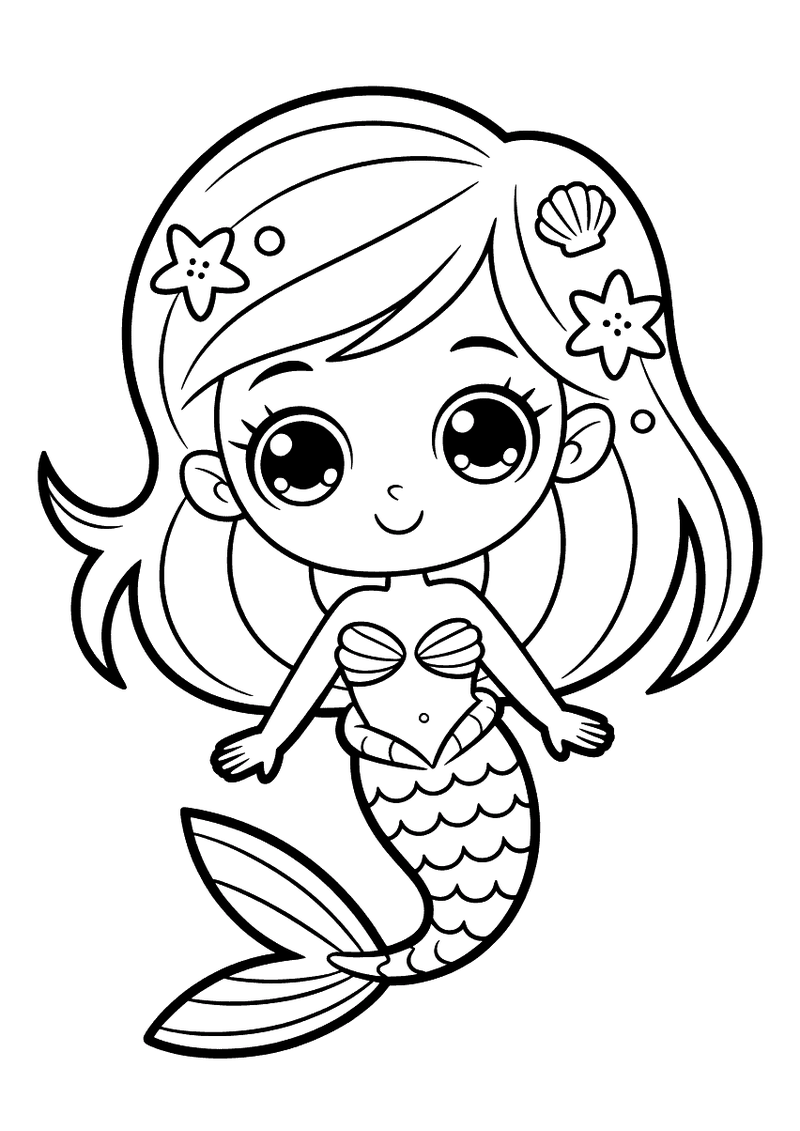 Kleurplaat van een schattige chibi zeemeermin met zeer grote expressieve ogen, zeesterren in haar haar en een schubbenst