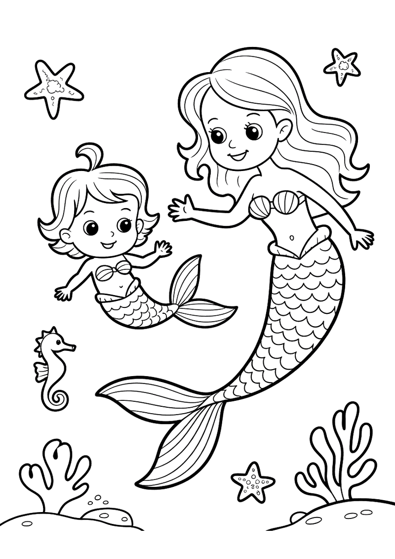 Kleurplaat van een grote zeemeermin mama die samen met een kleine baby zeemeermin door water zwemt met zeepaardje en kor