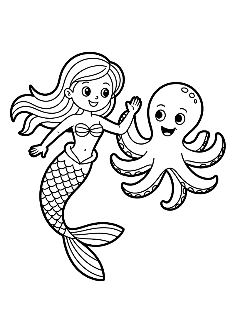 Kleurplaat van een zeemeermin met lang wapperend haar die haar hand opsteekt en samen met een lachende grote octopus lij