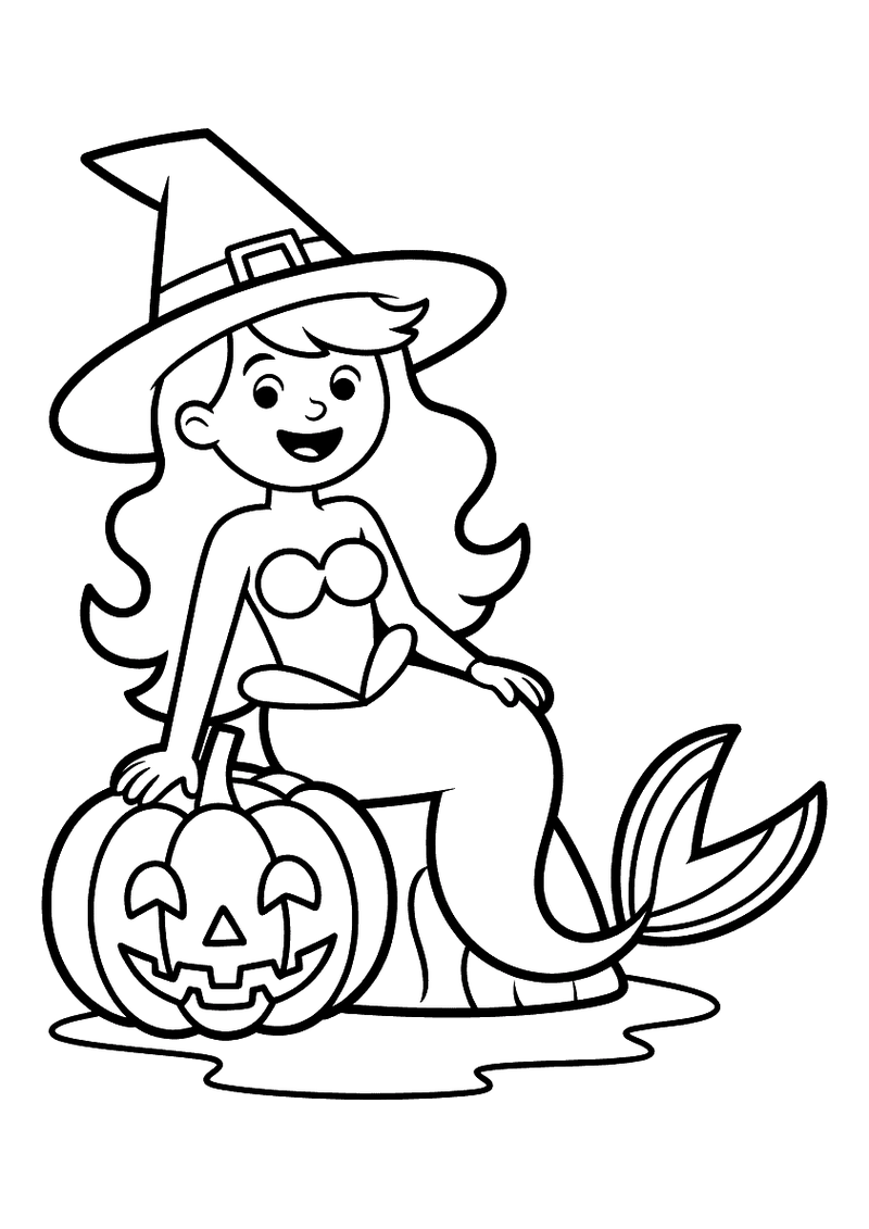 Kleurplaat van een lachende zeemeermin met zwarte heksenhoed die naast een oranje gesneden Halloween-pompoen zit