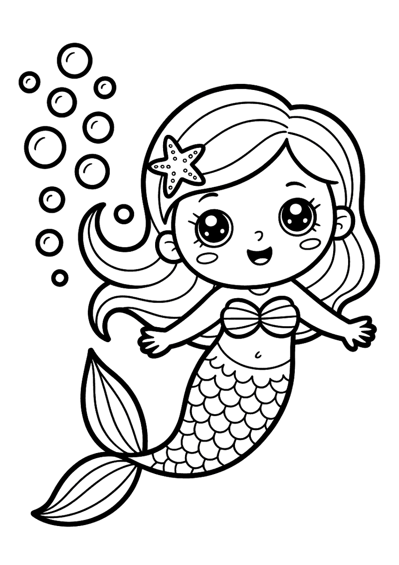 Kleurplaat van een schattige kawaii zeemeermin met grote ogen en een zeester in haar haar die omhoog zwemt tussen grote