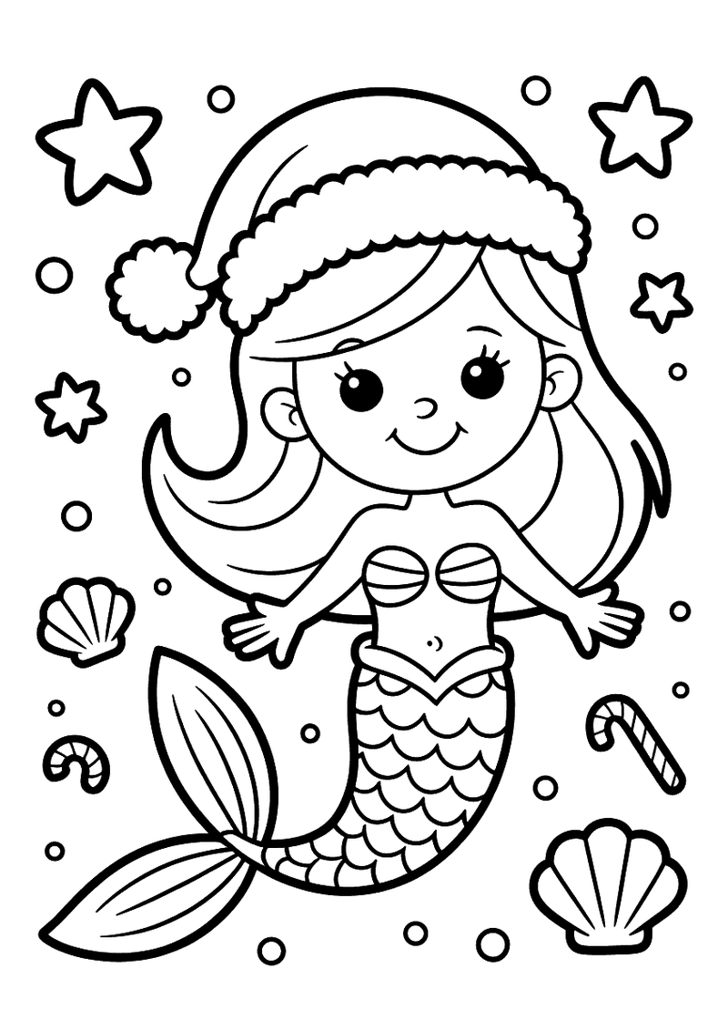 Kleurplaat van een lachende zeemeermin met rode kerstmuts en witte pompon omgeven door zeesterren, schelpen en snoepstok