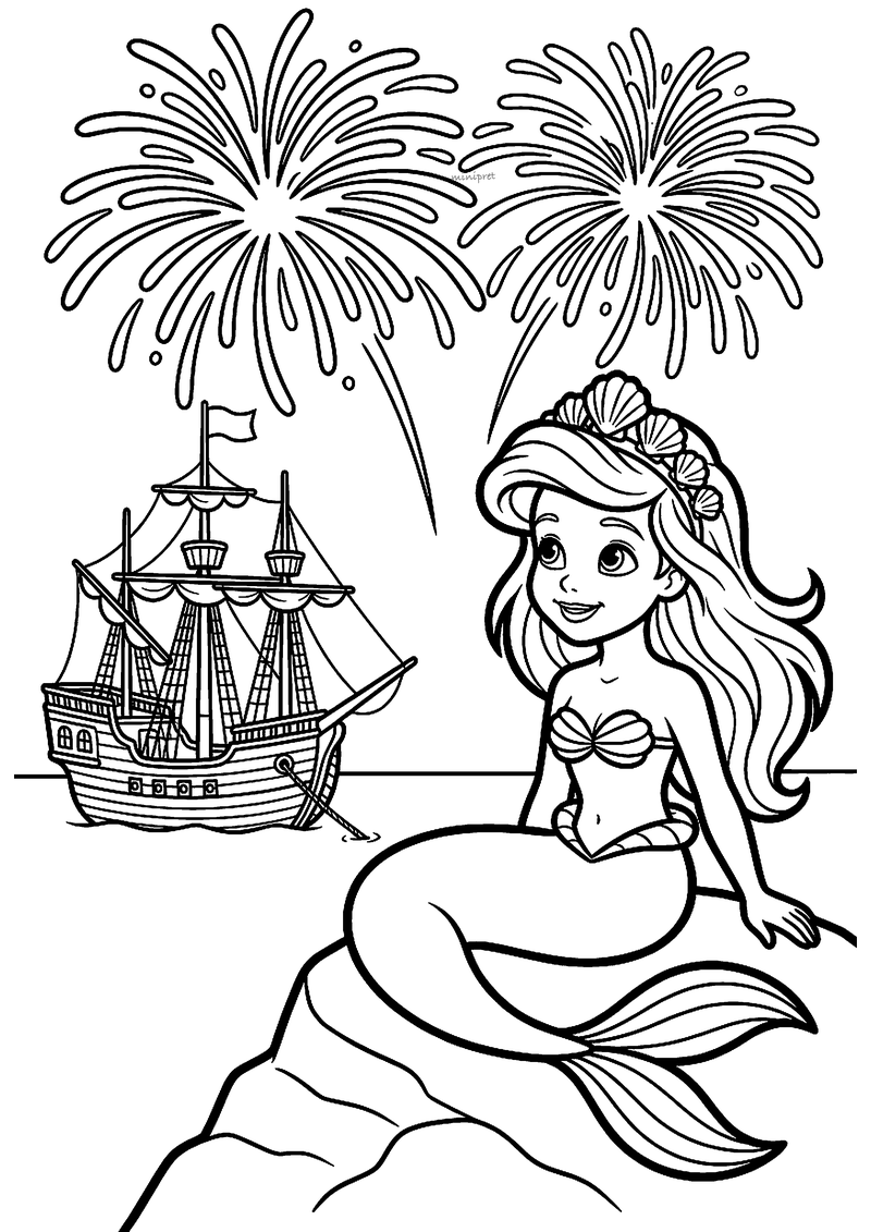 Kleurplaat van een zeemeermin met schelpenkroon op een rots die kijkt naar vuurwerk boven een groot zeilschip