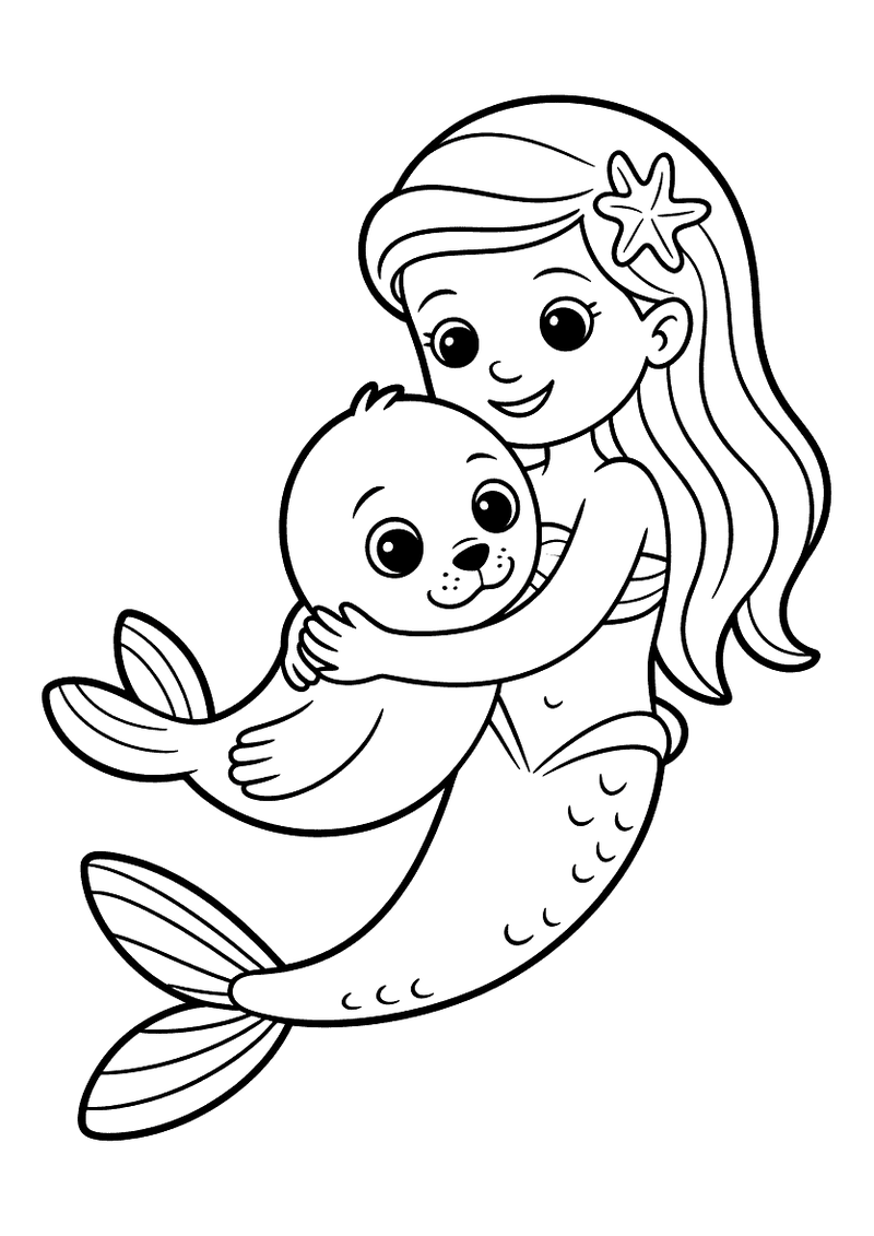 Kleurplaat van een zeemeermin met zeester in haar haar die een schattige ronde baby zeehond met grote ogen teder vasthou