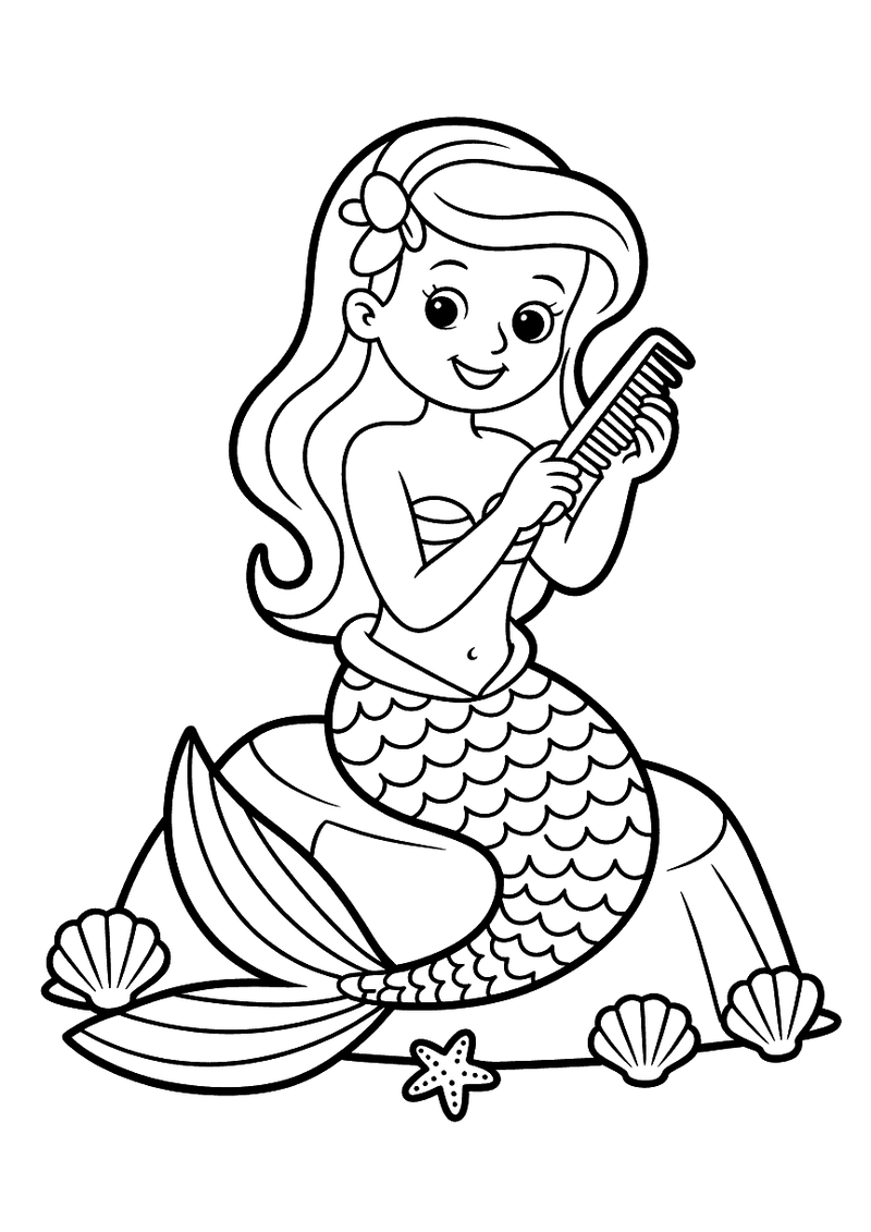 Kleurplaat van een zeemeermin op een rots die haar lange haar kaamt met een kam naast een grote schelp en zeesterren op