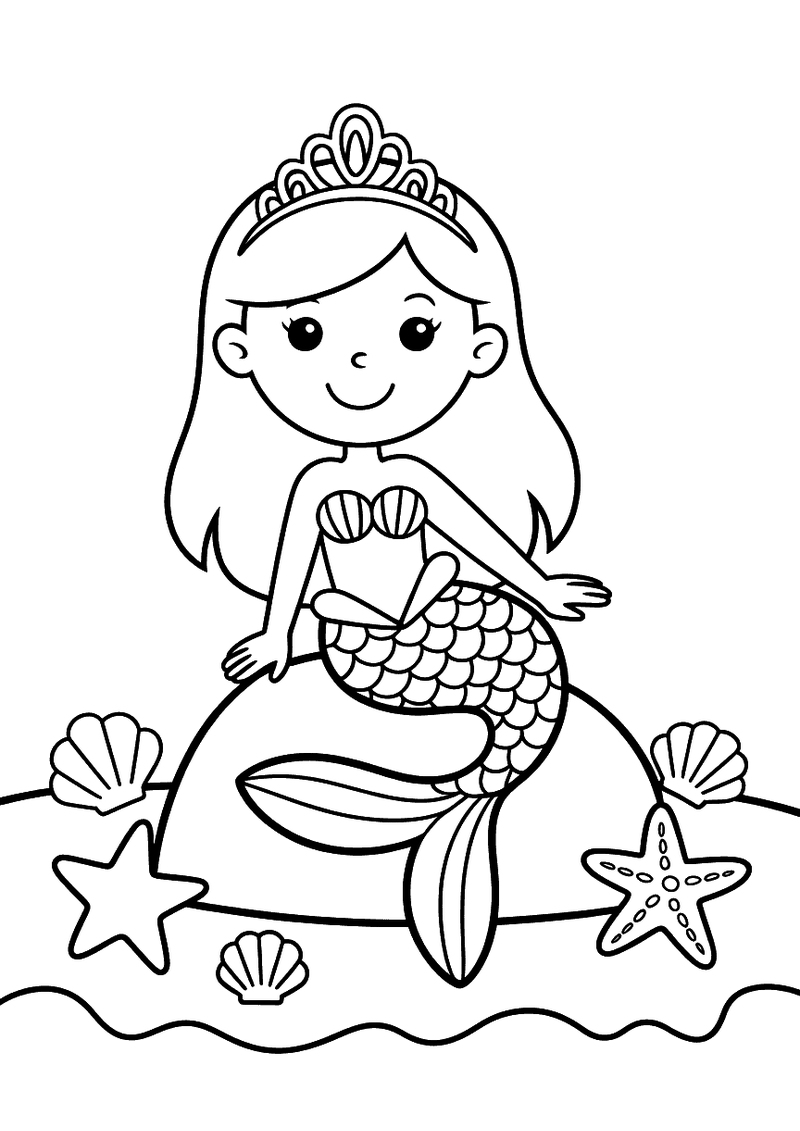 Kleurplaat van een lachende zeemeermin met een tiara op haar hoofd die op een rots zit, omringd door zeeschelpen en zees