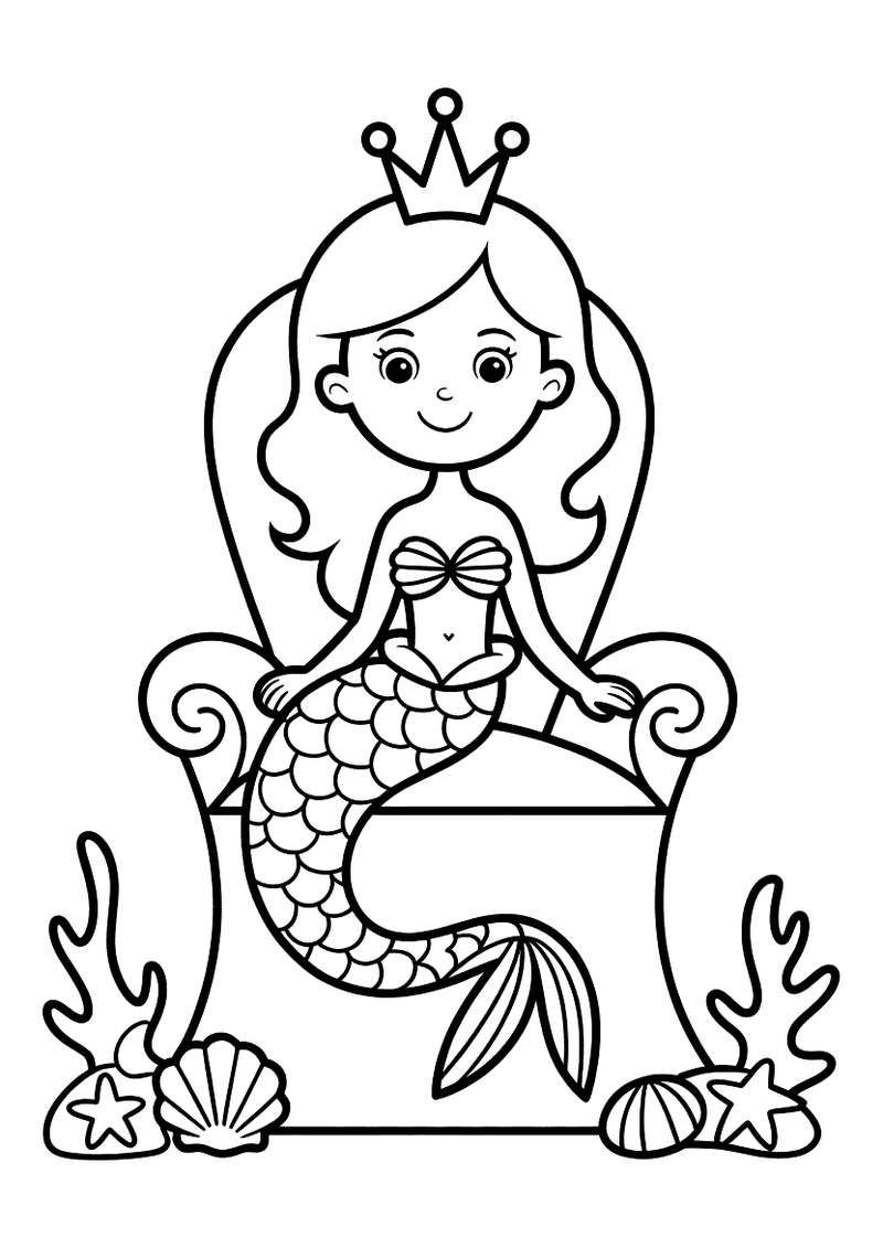 Kleurplaat van een zeemeermin met kroon die op een versierde troon zit, met zeewier en schelpen rondom haar op de zeebod