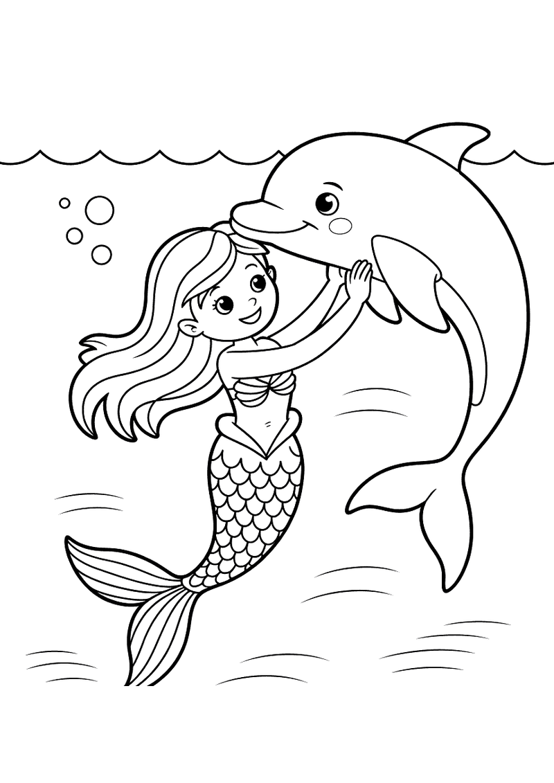 Kleurplaat van een zeemeermin die een springende dolfijn omhelst in het water, met belletjes op de achtergrond