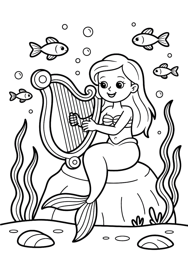 Kleurplaat van een zeemeermin die op een rots zit en harp speelt op de zeebodem, terwijl kleine vissen om haar heen zwem