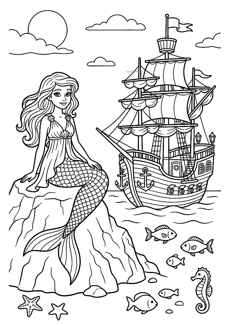 Kleurplaat van een zeemeermin met lang golvend haar op een rots in zee, met een zeilschip, visjes en een zeepaardje