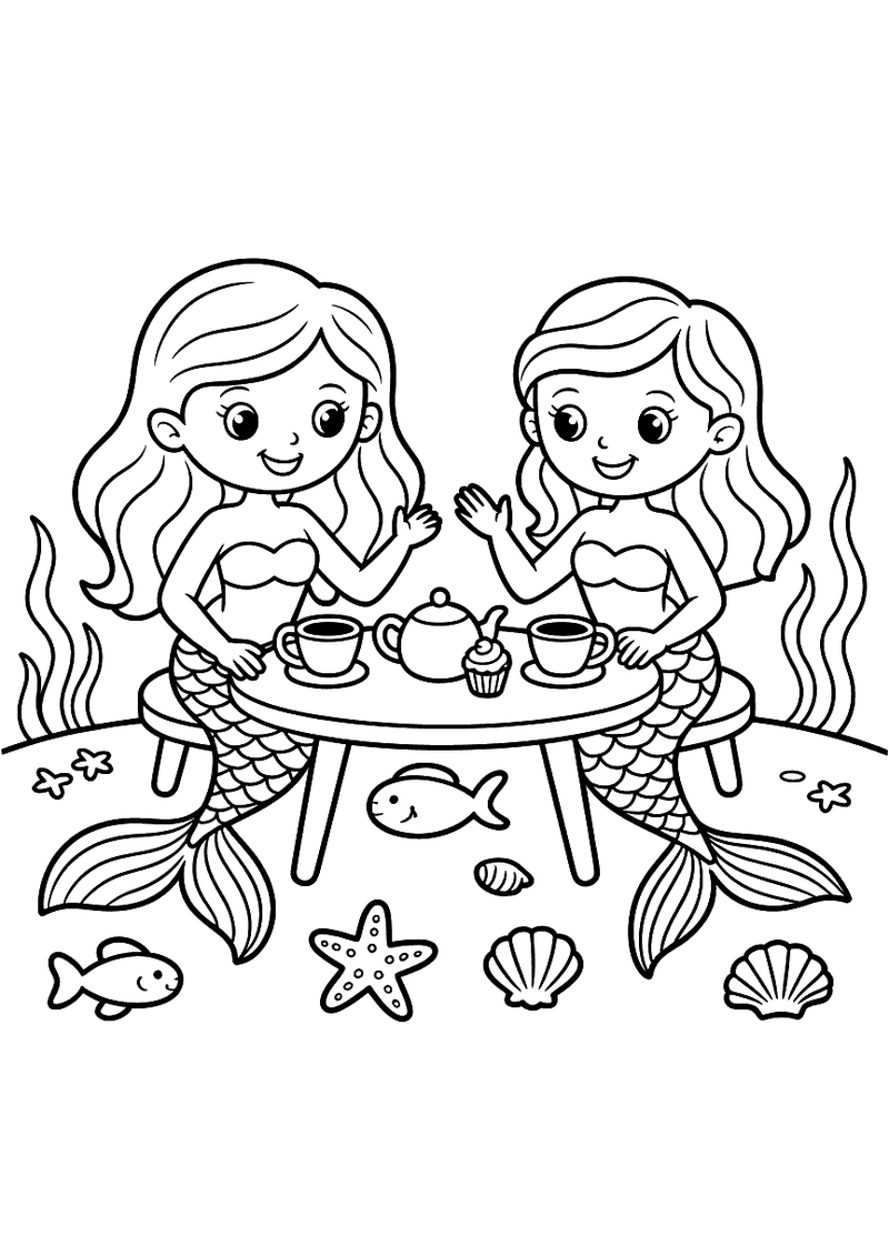 Kleurplaat van twee zeemeermintjes die aan een ronde tafel zitten met theekopjes voor een theefeestje op de zeebodem met