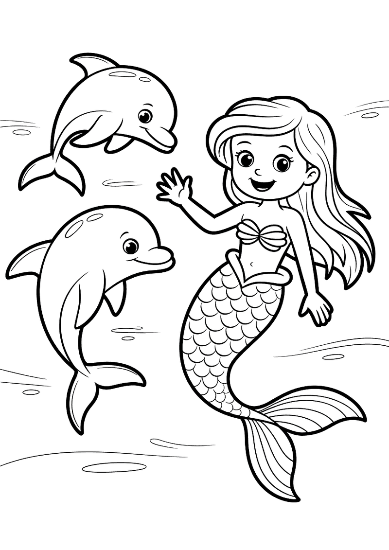 Kleurplaat van een zeemeermin die zwaait naar twee dolfijnen die om haar heen spelen in het water