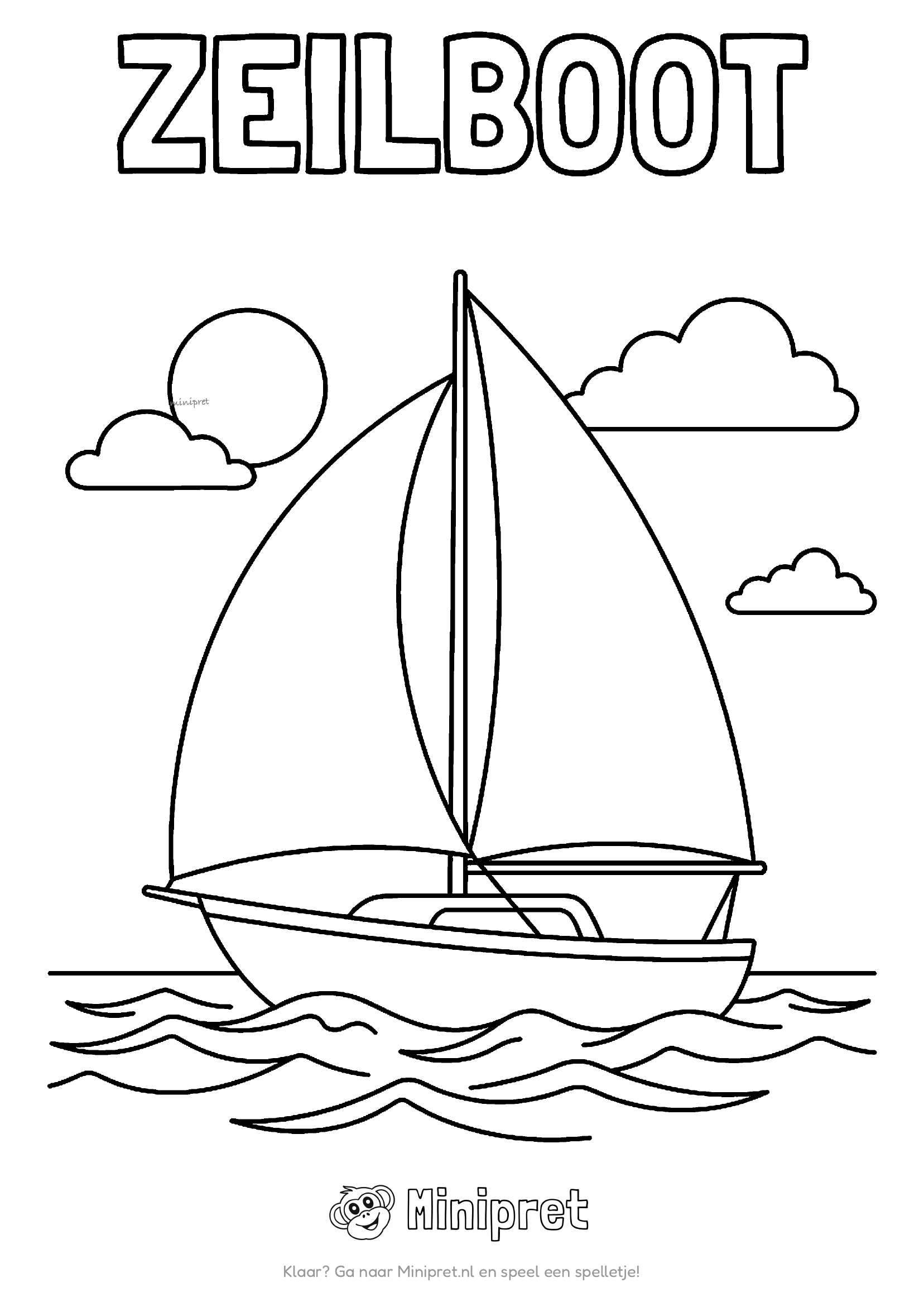 Zeilboot met groot driehoekig zeil drijft op golvend water onder zon en wolken, met het woord ZEILBOOT erboven
