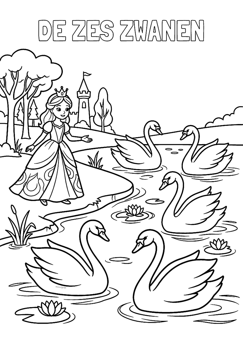 Kleurplaat van een prinses met kroontje aan de oever van een vijver met zes zwanen, waterlelies en een kasteeltoren