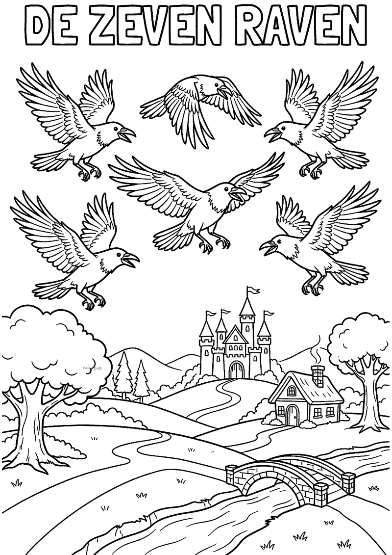 Kleurplaat van raven die boven een landschap met kasteel, huisje, brug en rivier vliegen
