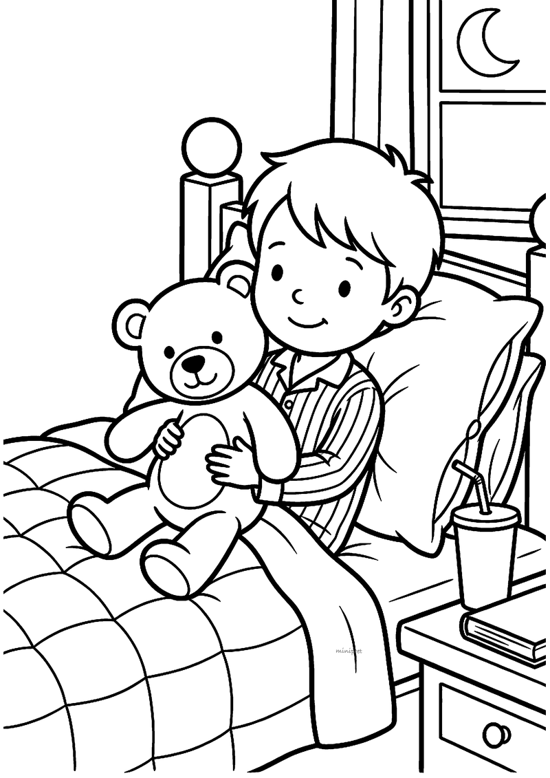 Kleurplaat van een jongen in gestreepte pyjama die in bed zit met zijn knuffelbeer, met beker en boek op het nachtkastje