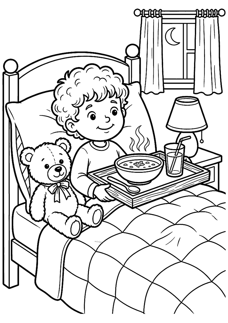 Kleurplaat van een kind met krullen in bed met een dienblad met dampende soep en een glas, naast een knuffelbeer