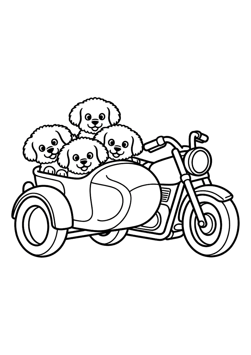 Kleurplaat van een grote motor met zijspan waarin vier schattige krullende puppy's gezellig naast elkaar zitten