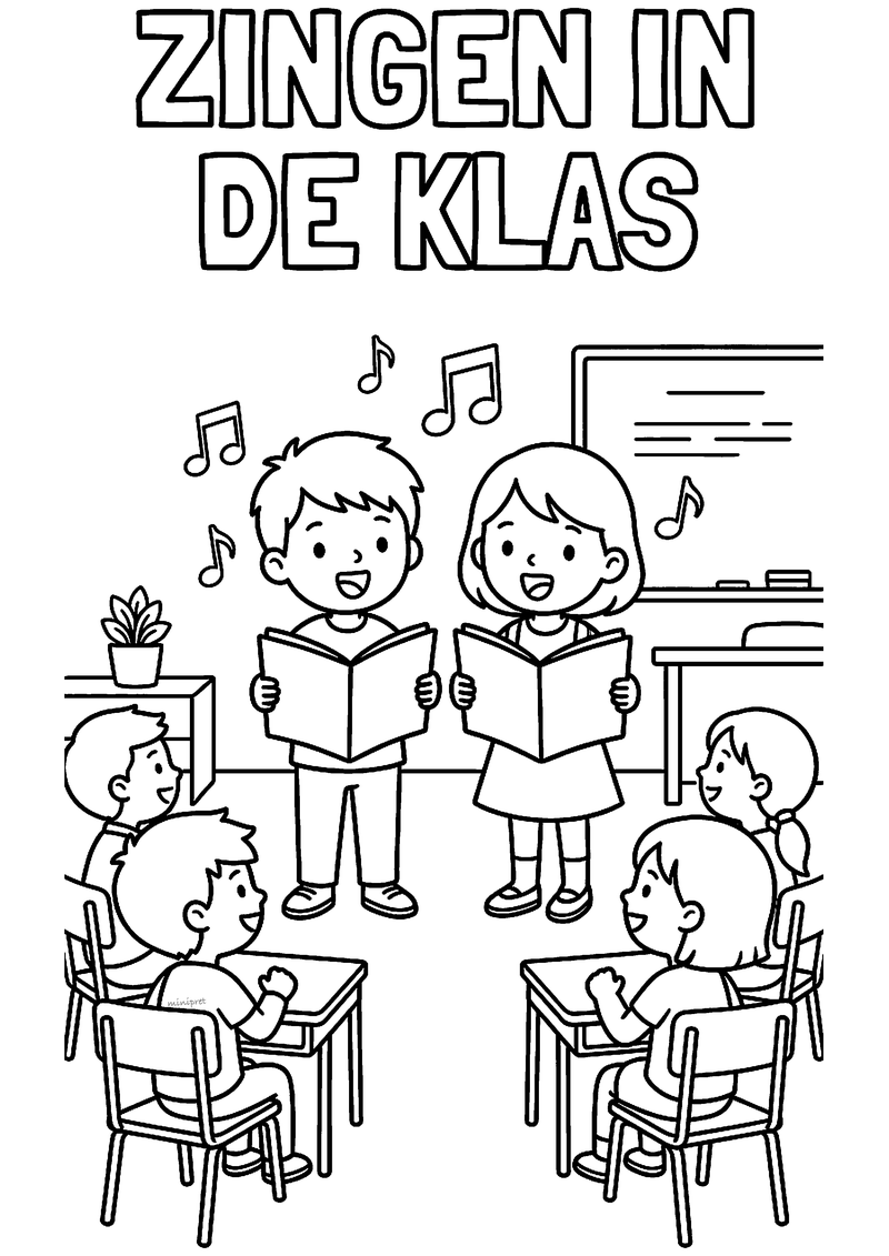 Kleurplaat van een jongen en een meisje die met een liedboek zingen voor de klas, met muzieknoten in de lucht