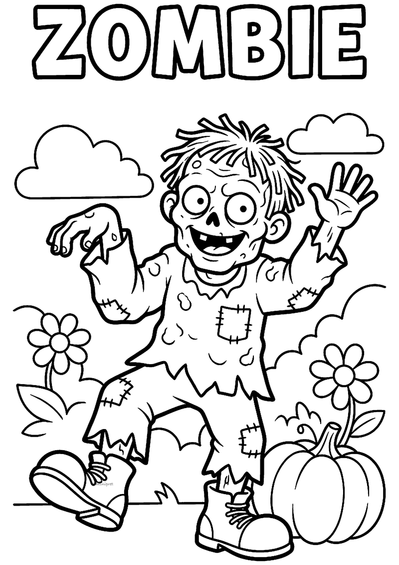 Kleurplaat van een zwaaiende zombie met warrig haar en gescheurde kleren tussen bloemen en een pompoen, tekst Zombie