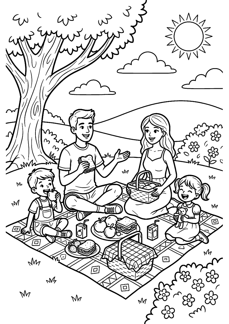 Zomer picknick met familie kleurplaat — gratis kleurplaat