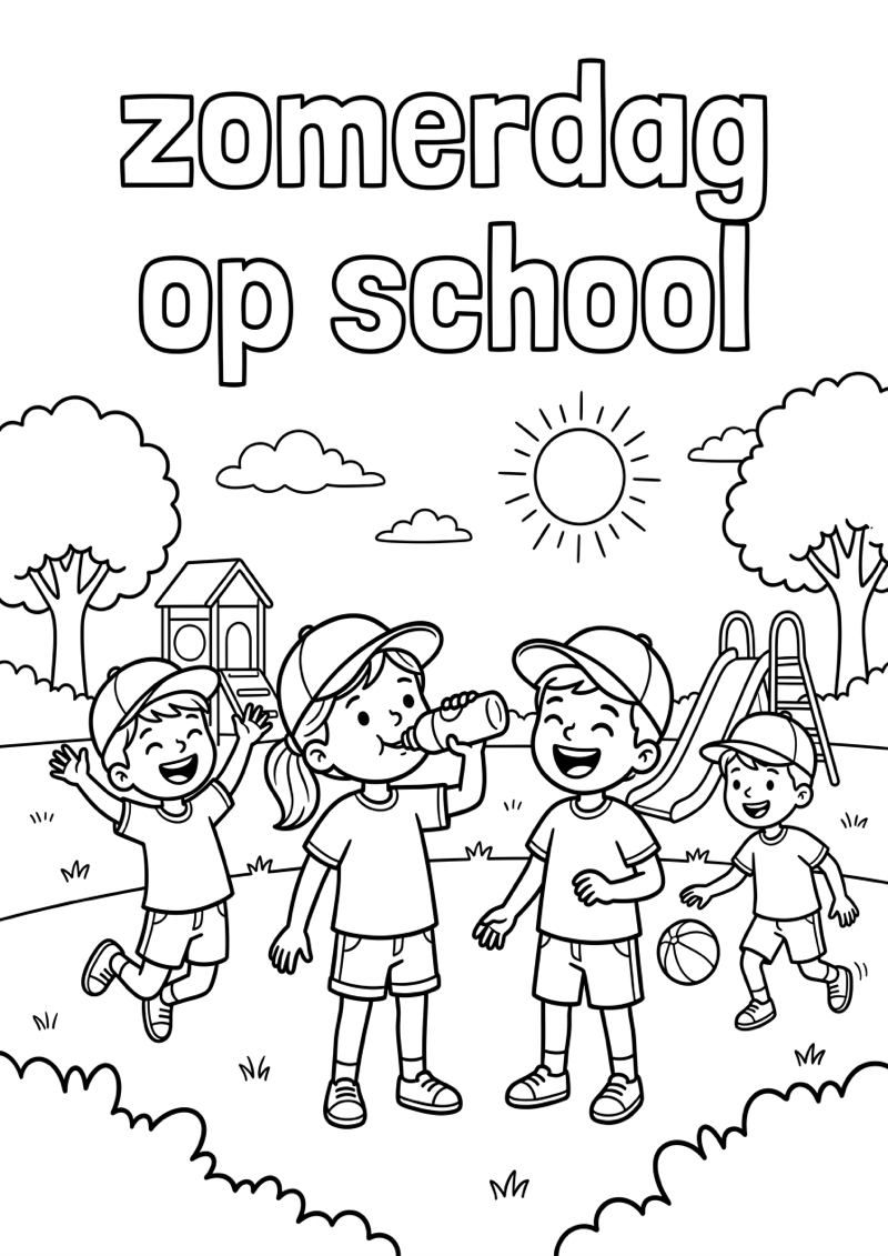 Zomerdag op School Kleurplaat — gratis kleurplaat printen