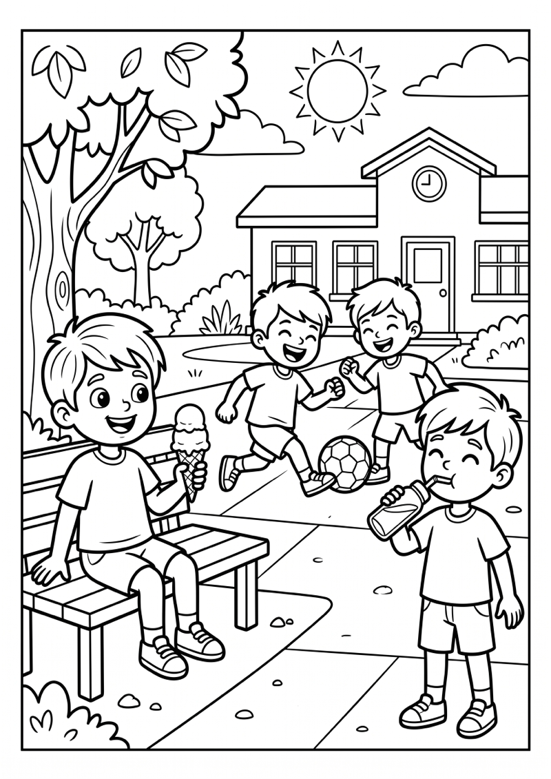 Zomerpauze op Schoolplein Kleurplaat — gratis kleurplaat printen