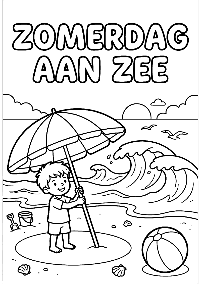 Zomerse Dag aan Zee met Kind Parasol en Golven met Tekst Zomerdag aan Zee Strand Kleurplaat — gratis kleurplaat printen