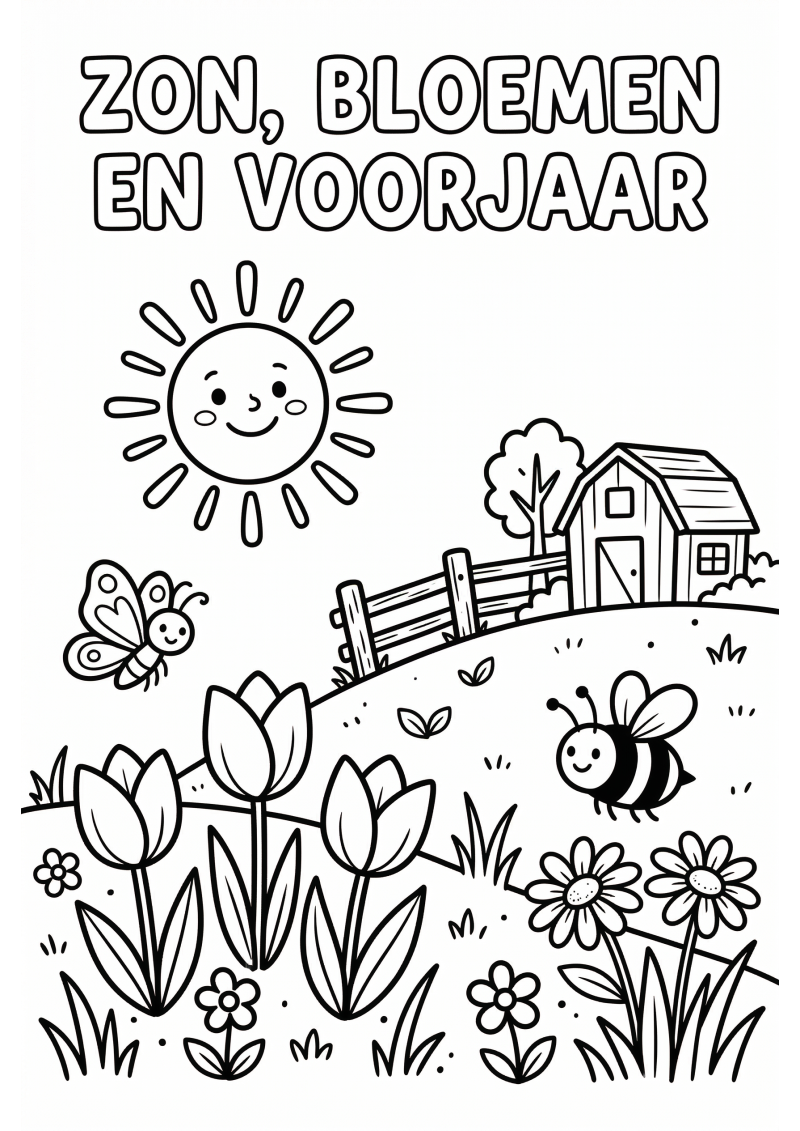Zon Bloemen en Voorjaar Kleurplaat — gratis kleurplaat printen