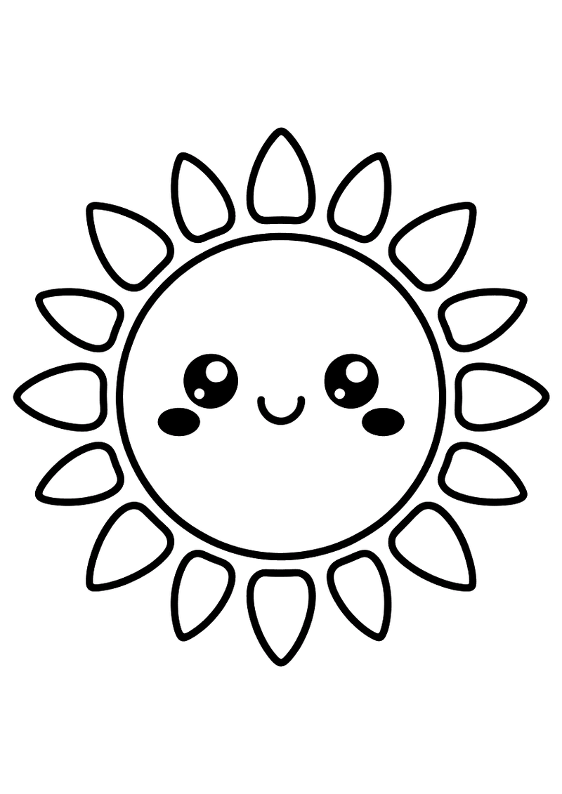 Kleurplaat van een kawaii zon met ronde lachende kop, grote ogen en grote stralen rondom.