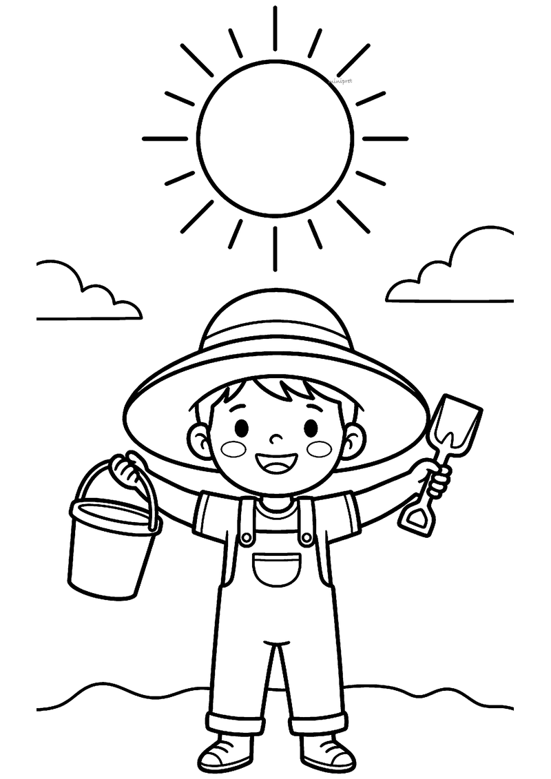 Kleurplaat van een lachend kind met een grote zonnehoed, een emmertje en een schepje onder een stralende zon
