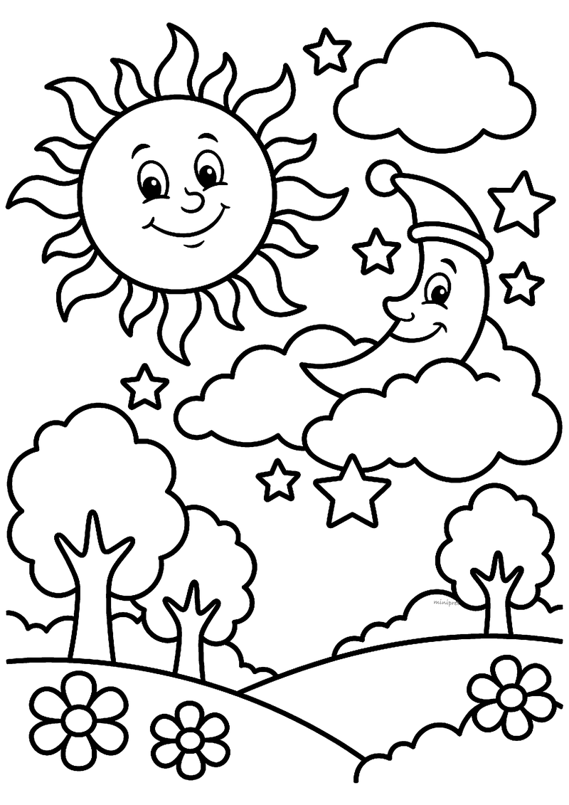 Kleurplaat van een lachende zon en een maan met slaapmuts op een wolk, met sterren, bomen, heuvels en bloemen eronder