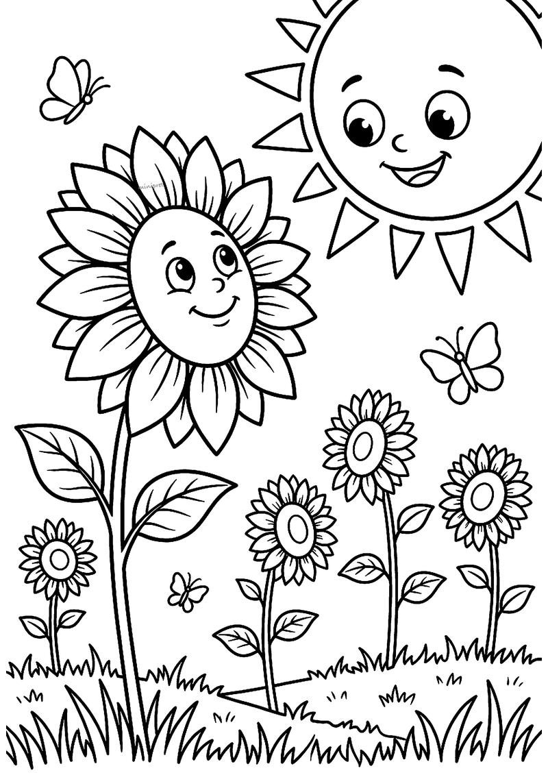 Kleurplaat van een lachende zon en een grote zonnebloem met gezicht, met kleinere zonnebloemen en vlinders in het gras