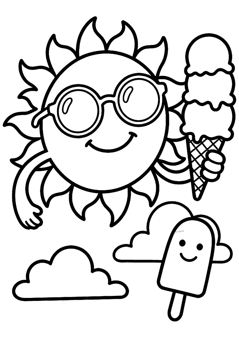 Kleurplaat van een lachende zon met een ronde zonnebril die een hoorntje met drie bolletjes ijs vasthoudt