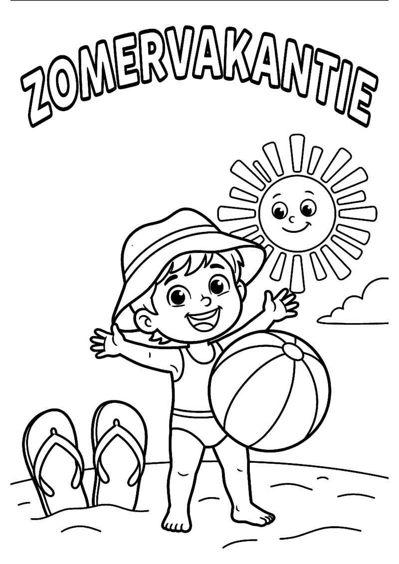 Zon Strandbal Slippers en Blij Kind met Tekst Zomervakantie Zomervakantie Kleurplaat — gratis kleurplaat