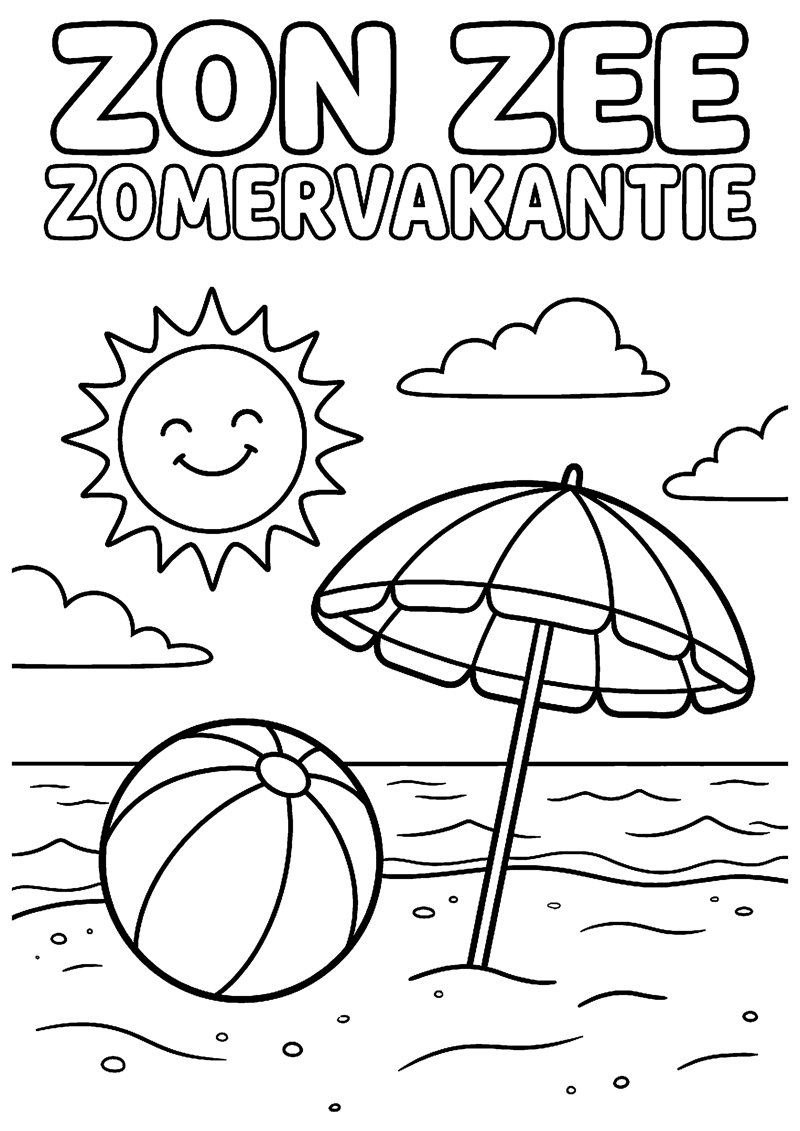 Zon Zee Strandbal en Parasol met Tekst Zon Zee Zomervakantie Zomervakantie Kleurplaat — gratis kleurplaat