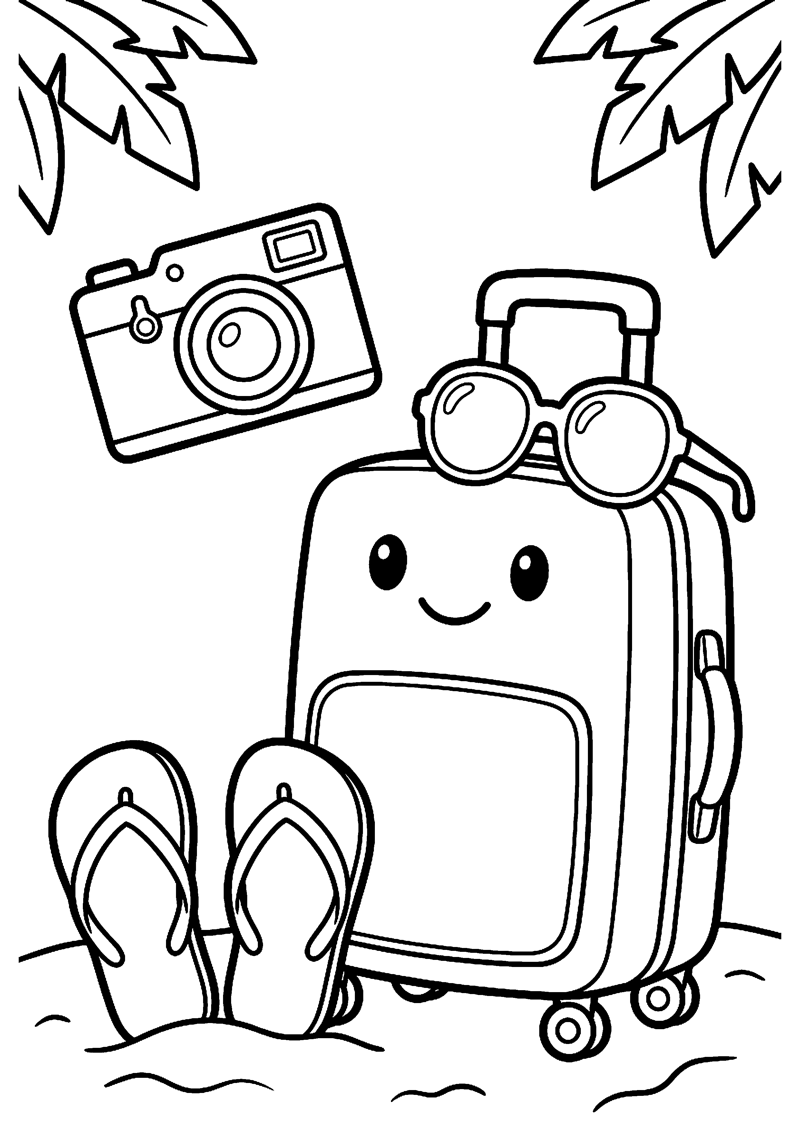 Zonnebril Slippers Koffer en Camera Vakantie Kleurplaat — gratis kleurplaat printen