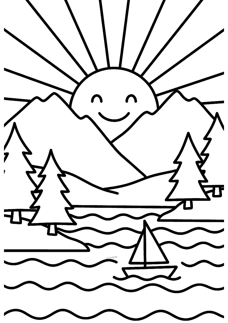 Kleurplaat van een lachende zon die opkomt achter bergen, met dennenbomen, een golvend meer en een zeilbootje