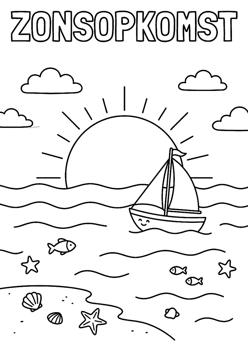 Kleurplaat van de zon die opkomt boven de zee met een lachend zeilbootje, vissen, zeesterren en schelpen op het strand